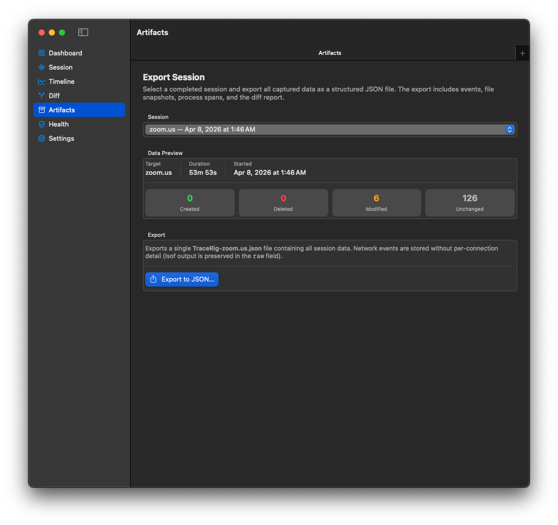 TraceRig Artifacts screen for exporting a selected completed session to JSON with data preview counts.