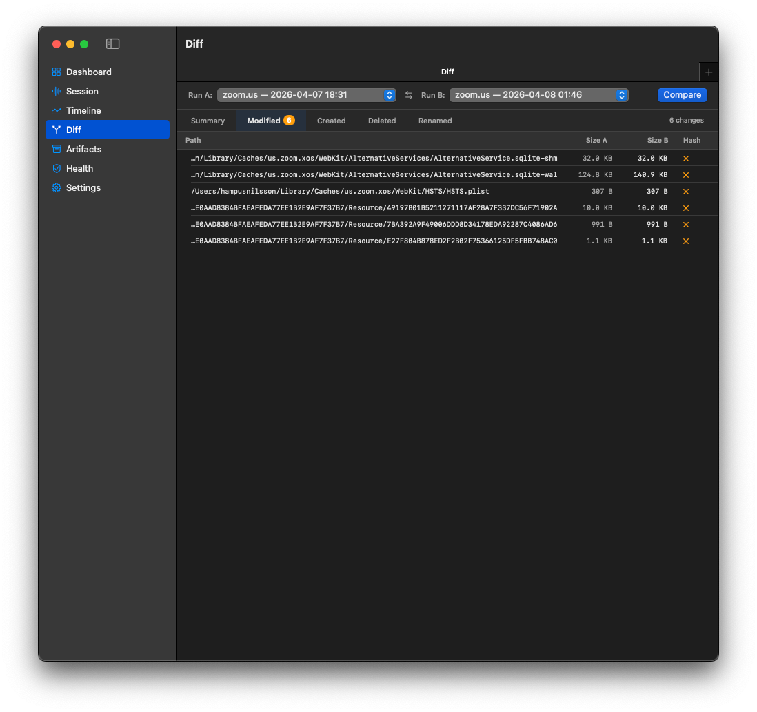 TraceRig Diff screen comparing two sessions with modified files, size columns, and hash status.