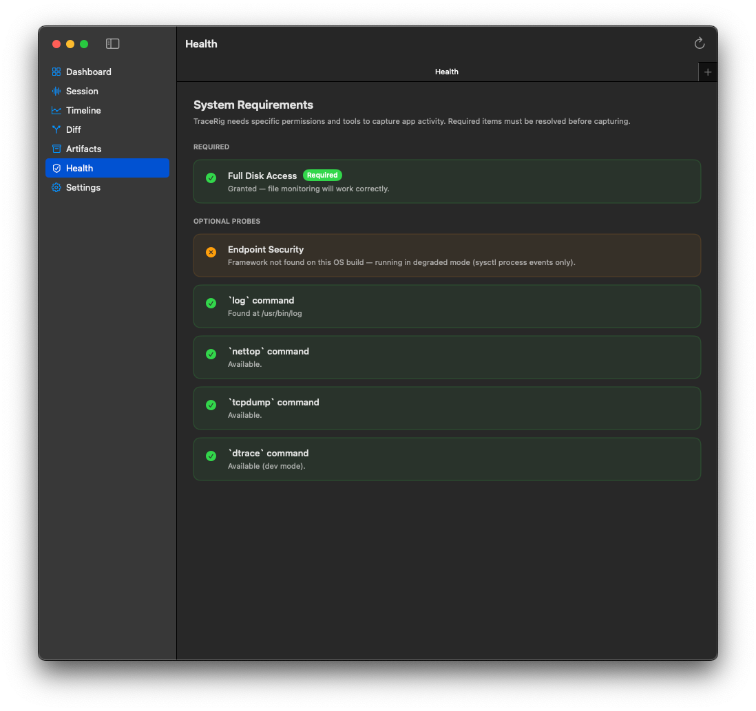 TraceRig Health screen showing Full Disk Access, Endpoint Security degraded mode, log, nettop, tcpdump, and dtrace checks.