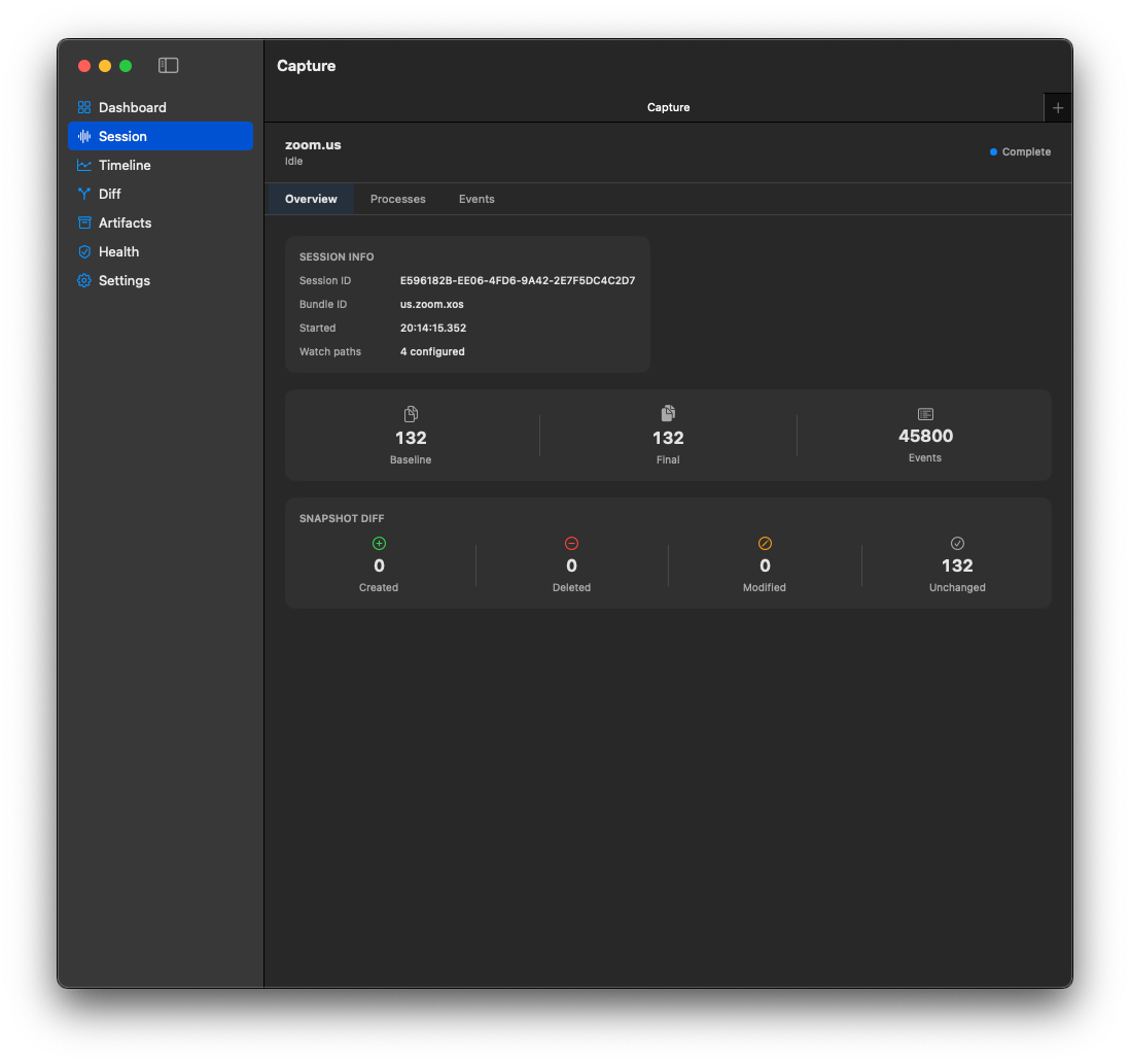 TraceRig Capture overview showing session ID, bundle ID, start time, watch paths, snapshot counts, event count, and snapshot diff summary.