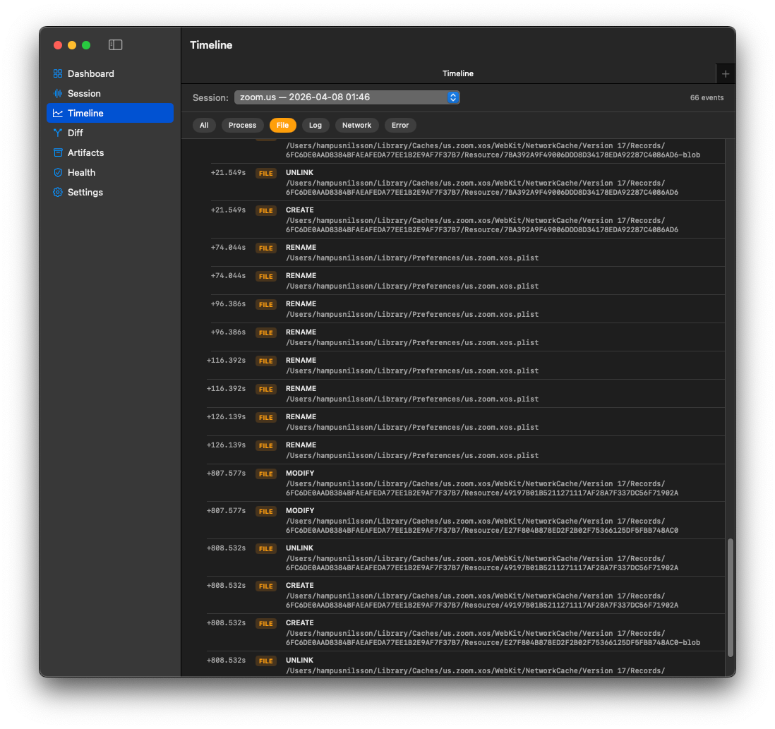 TraceRig Timeline screen filtered to FILE events showing create, unlink, rename, and modify entries with file paths.
