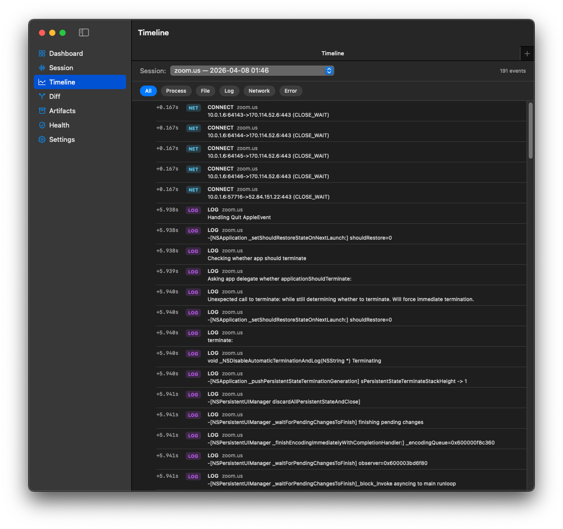 TraceRig Timeline screen with filter chips and NET and LOG events listed chronologically.